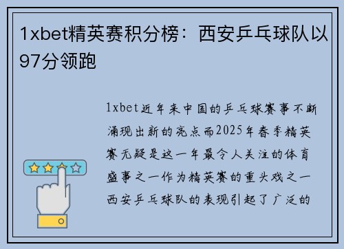 1xbet精英赛积分榜：西安乒乓球队以97分领跑